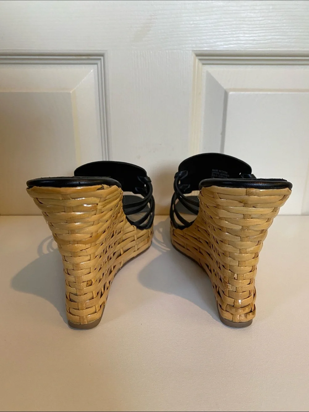 Michael Kors Black Leather Strappy Wedge Sandals with Tan Woven Platform